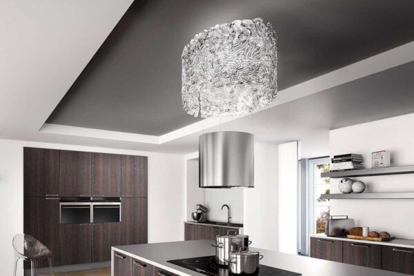 Ornamental Faber Nest vent hood pulled down for in-use mode.